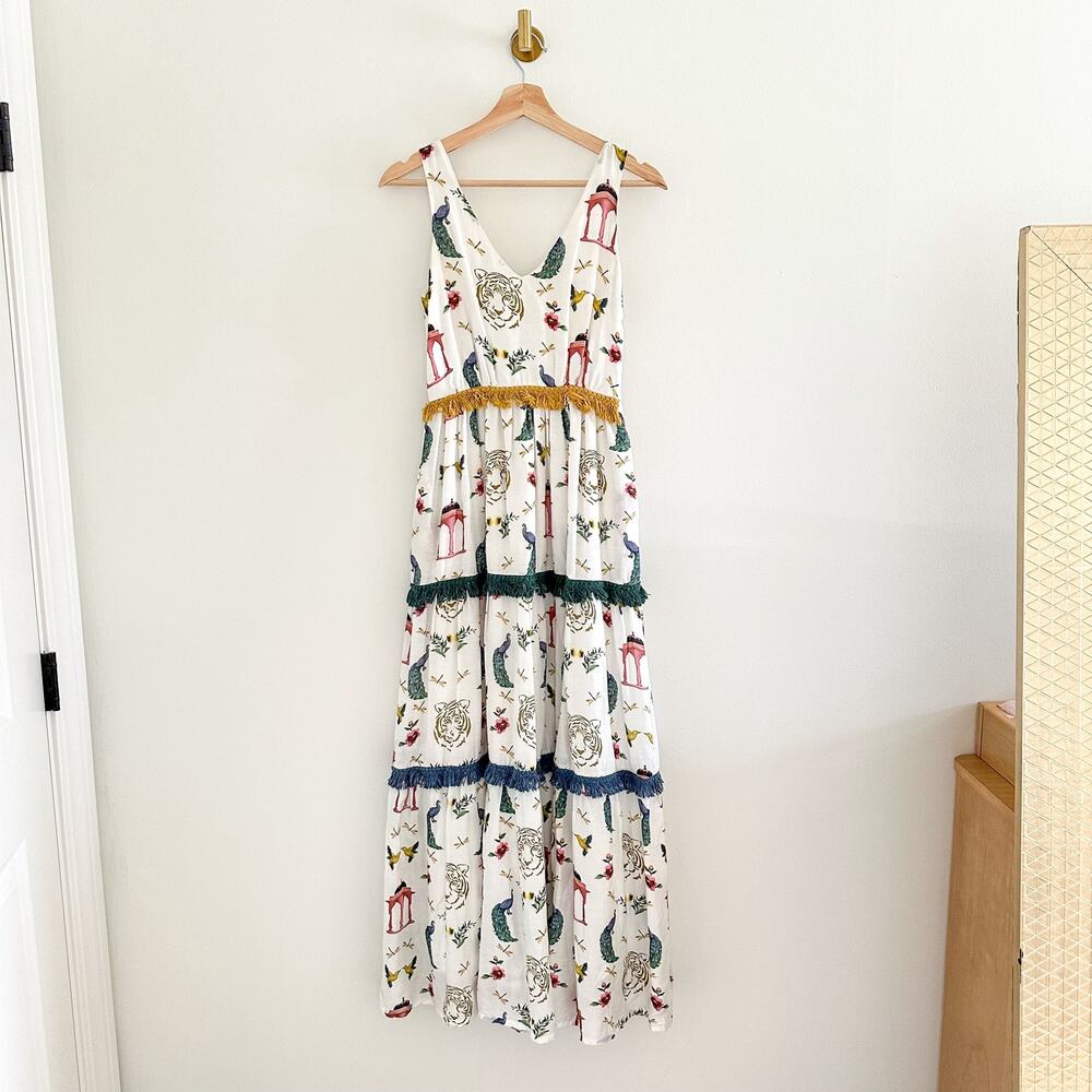 Verandah Chhatri Print Tiered Sleeveless Plunge Neck Maxi Dress White XS